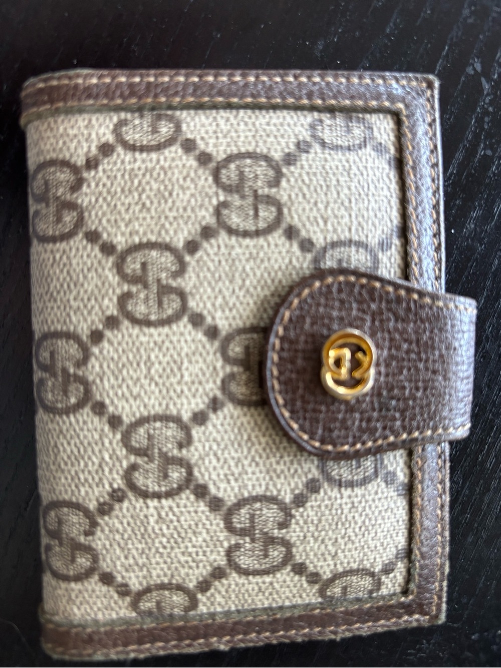 Vintage Gucci Beige and Brown Monogram Small Wallet with Gold Hardware